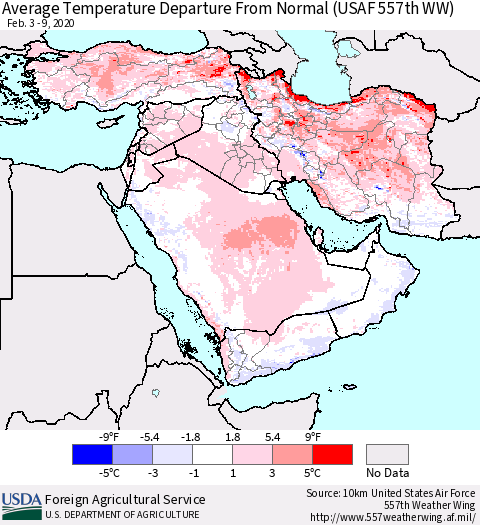 Middle East and Turkey Average Temperature Departure from Normal (USAF 557th WW) Thematic Map For 2/3/2020 - 2/9/2020