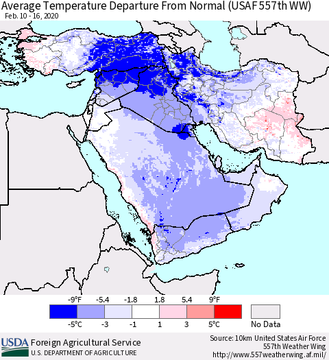 Middle East and Turkey Average Temperature Departure from Normal (USAF 557th WW) Thematic Map For 2/10/2020 - 2/16/2020
