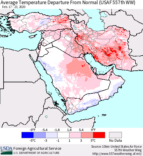 Middle East and Turkey Average Temperature Departure from Normal (USAF 557th WW) Thematic Map For 2/17/2020 - 2/23/2020