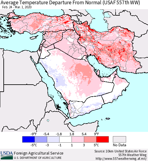Middle East and Turkey Average Temperature Departure from Normal (USAF 557th WW) Thematic Map For 2/24/2020 - 3/1/2020