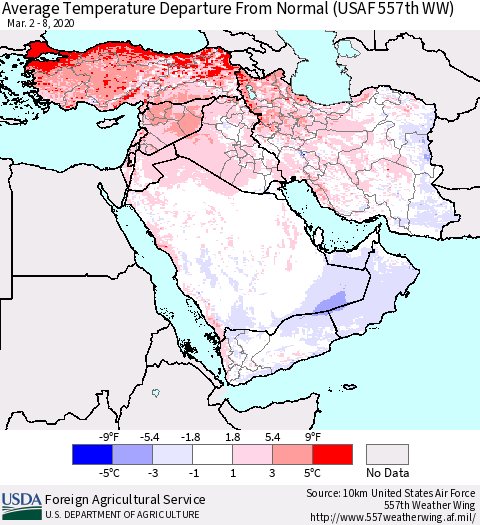 Middle East and Turkey Average Temperature Departure from Normal (USAF 557th WW) Thematic Map For 3/2/2020 - 3/8/2020