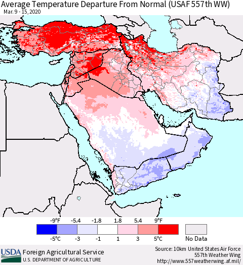 Middle East and Turkey Average Temperature Departure from Normal (USAF 557th WW) Thematic Map For 3/9/2020 - 3/15/2020