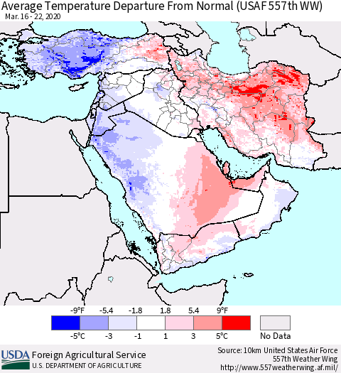 Middle East and Turkey Average Temperature Departure from Normal (USAF 557th WW) Thematic Map For 3/16/2020 - 3/22/2020