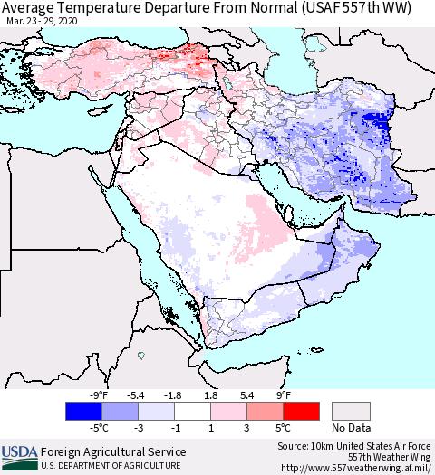 Middle East and Turkey Average Temperature Departure from Normal (USAF 557th WW) Thematic Map For 3/23/2020 - 3/29/2020