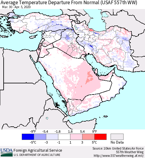 Middle East and Turkey Average Temperature Departure from Normal (USAF 557th WW) Thematic Map For 3/30/2020 - 4/5/2020