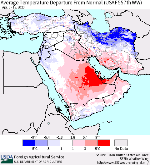Middle East and Turkey Average Temperature Departure from Normal (USAF 557th WW) Thematic Map For 4/6/2020 - 4/12/2020