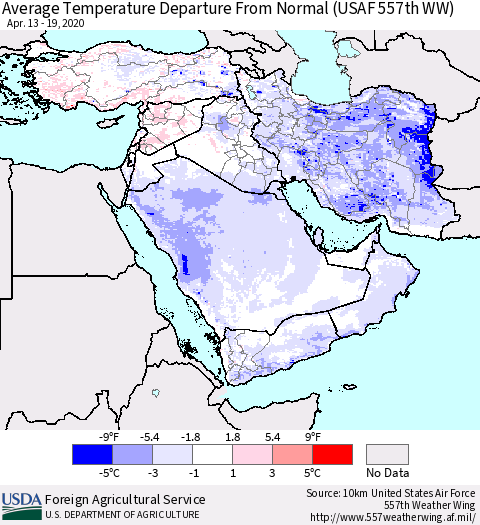 Middle East and Turkey Average Temperature Departure from Normal (USAF 557th WW) Thematic Map For 4/13/2020 - 4/19/2020