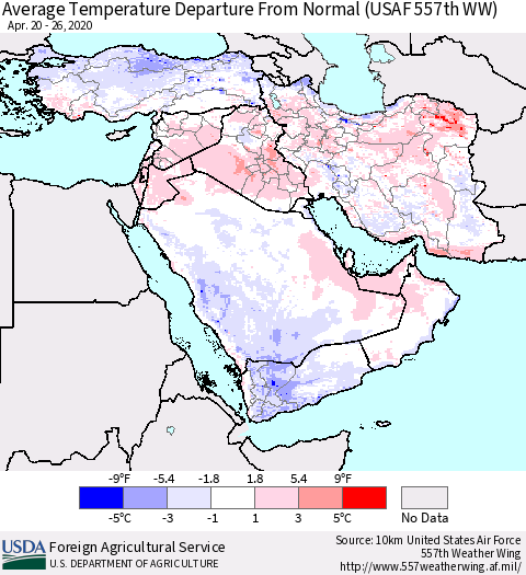Middle East and Turkey Average Temperature Departure from Normal (USAF 557th WW) Thematic Map For 4/20/2020 - 4/26/2020