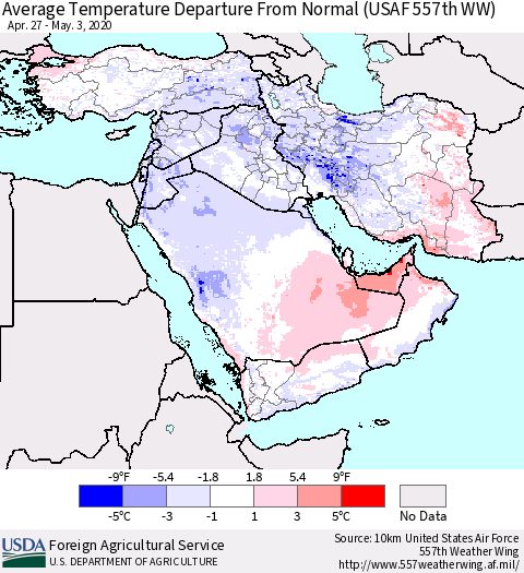 Middle East and Turkey Average Temperature Departure from Normal (USAF 557th WW) Thematic Map For 4/27/2020 - 5/3/2020