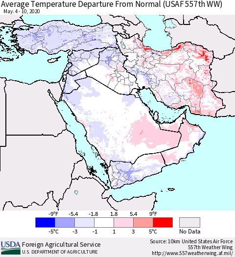 Middle East and Turkey Average Temperature Departure from Normal (USAF 557th WW) Thematic Map For 5/4/2020 - 5/10/2020