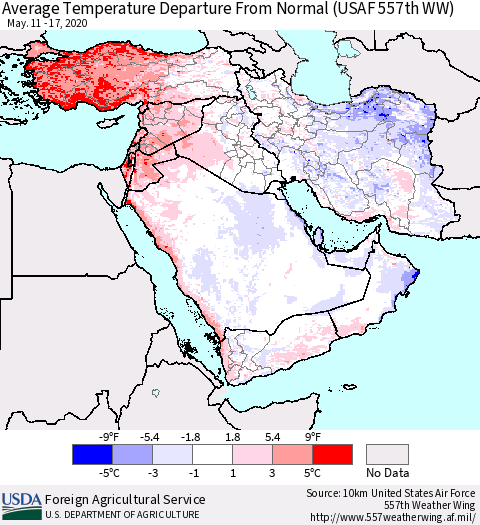 Middle East and Turkey Average Temperature Departure from Normal (USAF 557th WW) Thematic Map For 5/11/2020 - 5/17/2020