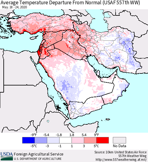 Middle East and Turkey Average Temperature Departure from Normal (USAF 557th WW) Thematic Map For 5/18/2020 - 5/24/2020