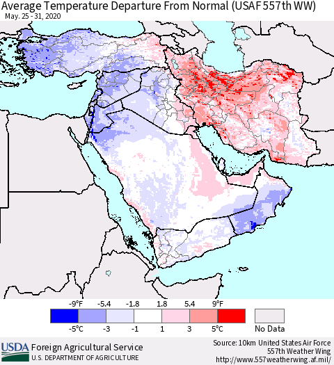 Middle East and Turkey Average Temperature Departure from Normal (USAF 557th WW) Thematic Map For 5/25/2020 - 5/31/2020