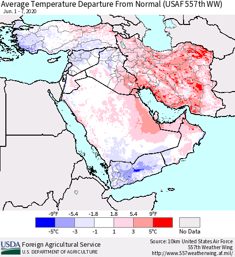 Middle East and Turkey Average Temperature Departure from Normal (USAF 557th WW) Thematic Map For 6/1/2020 - 6/7/2020