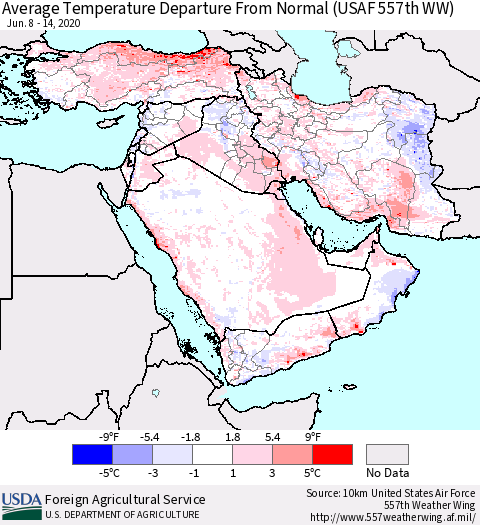 Middle East and Turkey Average Temperature Departure from Normal (USAF 557th WW) Thematic Map For 6/8/2020 - 6/14/2020