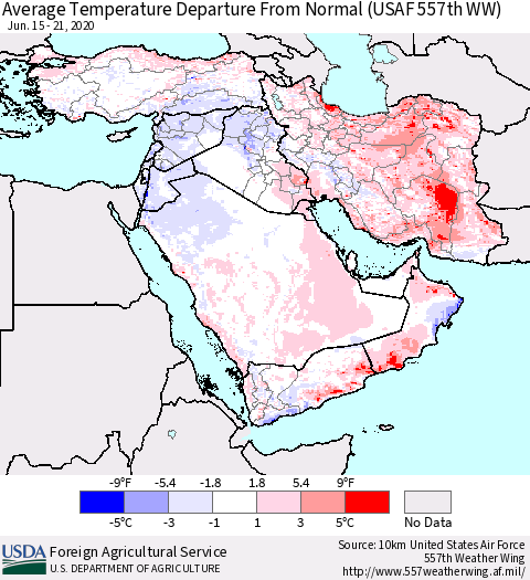 Middle East and Turkey Average Temperature Departure from Normal (USAF 557th WW) Thematic Map For 6/15/2020 - 6/21/2020