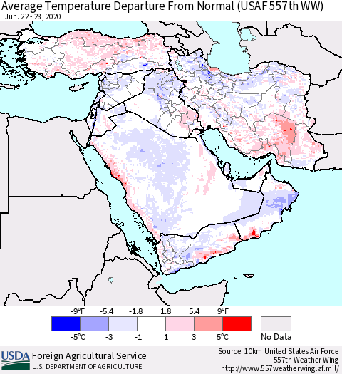 Middle East and Turkey Average Temperature Departure from Normal (USAF 557th WW) Thematic Map For 6/22/2020 - 6/28/2020