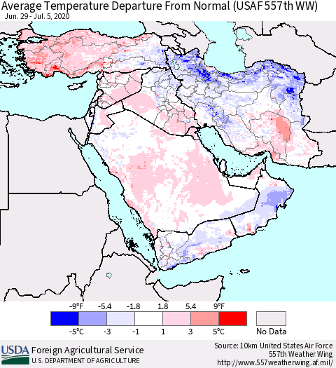 Middle East and Turkey Average Temperature Departure from Normal (USAF 557th WW) Thematic Map For 6/29/2020 - 7/5/2020