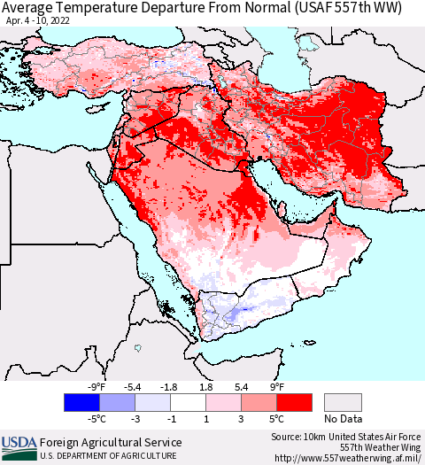 Middle East and Turkey Average Temperature Departure from Normal (USAF 557th WW) Thematic Map For 4/4/2022 - 4/10/2022