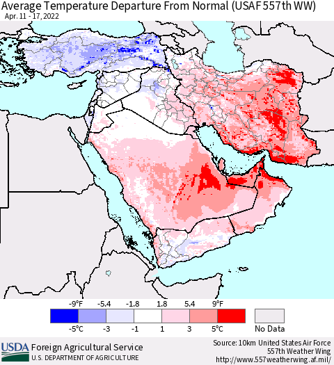 Middle East and Turkey Average Temperature Departure from Normal (USAF 557th WW) Thematic Map For 4/11/2022 - 4/17/2022