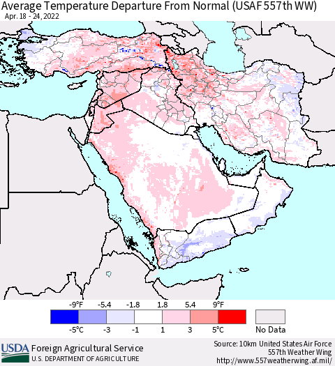 Middle East and Turkey Average Temperature Departure from Normal (USAF 557th WW) Thematic Map For 4/18/2022 - 4/24/2022