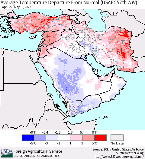 Middle East and Turkey Average Temperature Departure from Normal (USAF 557th WW) Thematic Map For 4/25/2022 - 5/1/2022