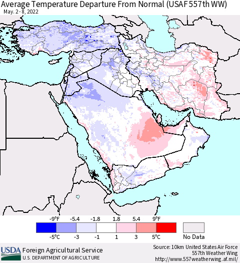 Middle East and Turkey Average Temperature Departure from Normal (USAF 557th WW) Thematic Map For 5/2/2022 - 5/8/2022
