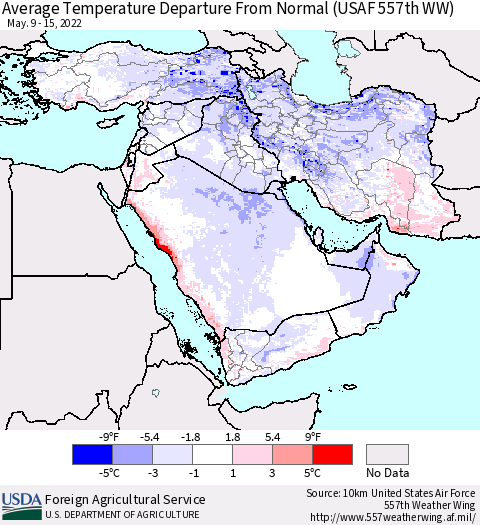 Middle East and Turkey Average Temperature Departure from Normal (USAF 557th WW) Thematic Map For 5/9/2022 - 5/15/2022