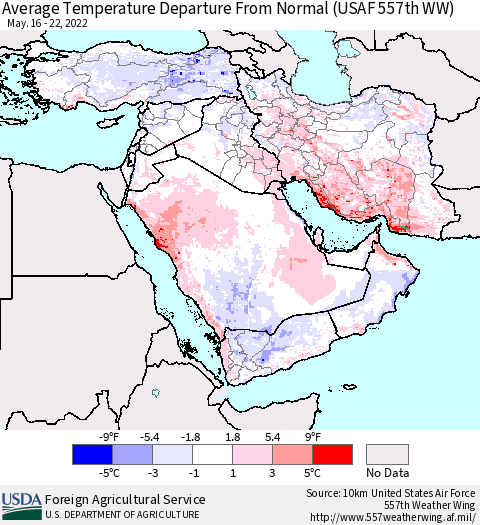 Middle East and Turkey Average Temperature Departure from Normal (USAF 557th WW) Thematic Map For 5/16/2022 - 5/22/2022