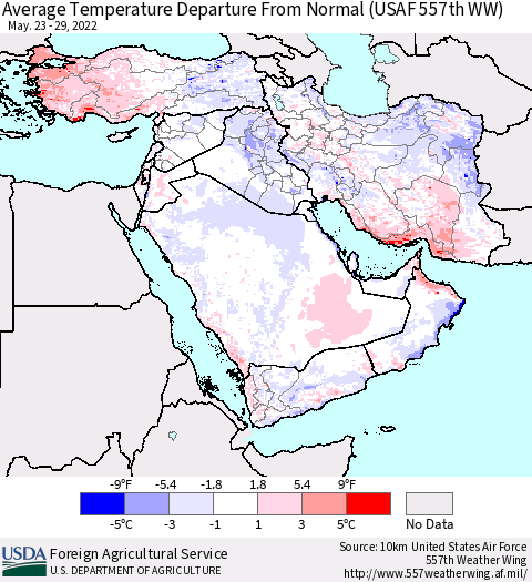 Middle East and Turkey Average Temperature Departure from Normal (USAF 557th WW) Thematic Map For 5/23/2022 - 5/29/2022