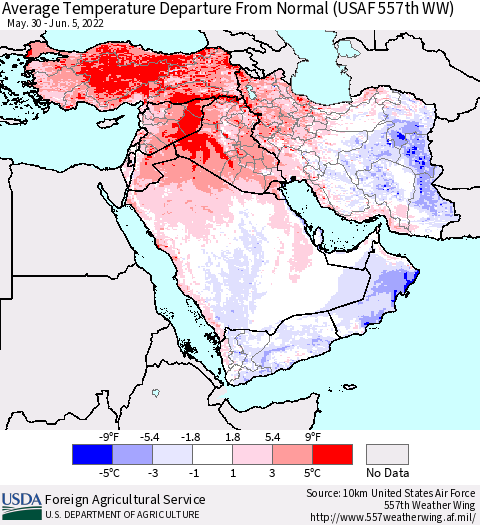 Middle East and Turkey Average Temperature Departure from Normal (USAF 557th WW) Thematic Map For 5/30/2022 - 6/5/2022