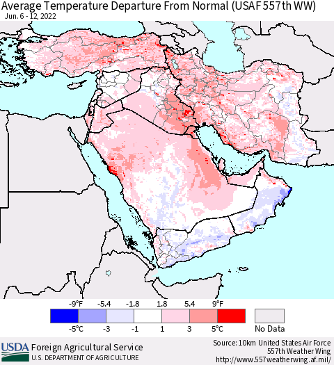 Middle East and Turkey Average Temperature Departure from Normal (USAF 557th WW) Thematic Map For 6/6/2022 - 6/12/2022