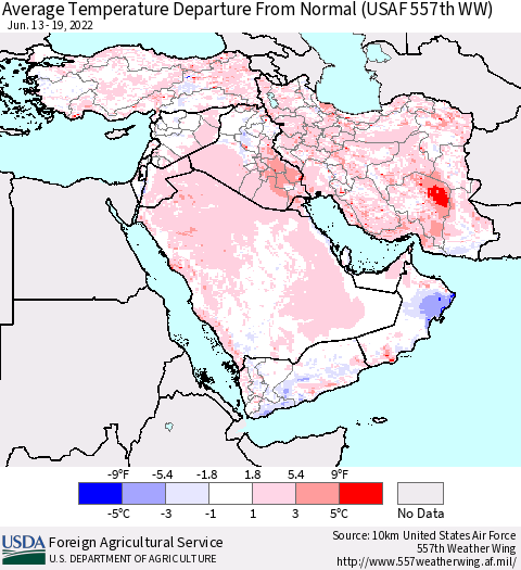Middle East and Turkey Average Temperature Departure from Normal (USAF 557th WW) Thematic Map For 6/13/2022 - 6/19/2022
