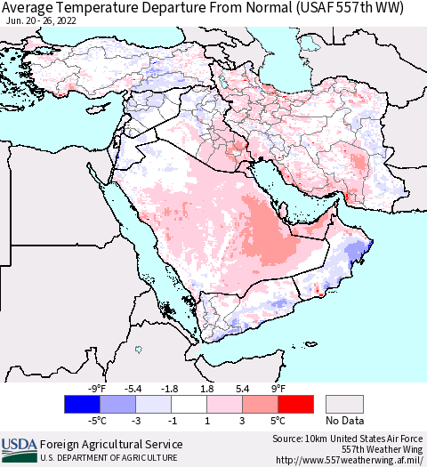 Middle East and Turkey Average Temperature Departure from Normal (USAF 557th WW) Thematic Map For 6/20/2022 - 6/26/2022