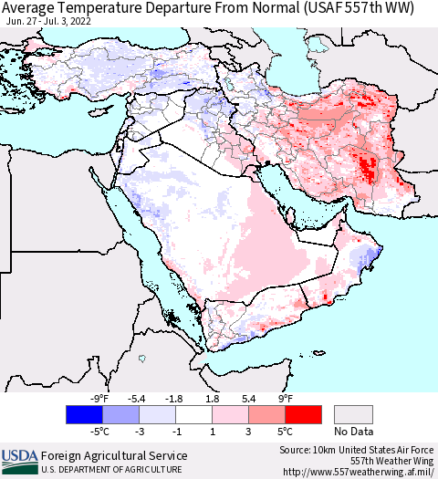 Middle East and Turkey Average Temperature Departure from Normal (USAF 557th WW) Thematic Map For 6/27/2022 - 7/3/2022