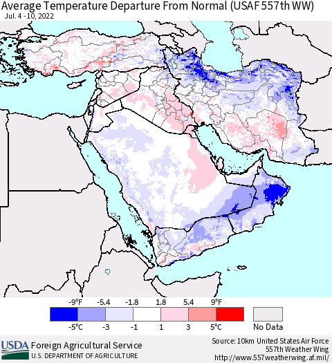 Middle East and Turkey Average Temperature Departure from Normal (USAF 557th WW) Thematic Map For 7/4/2022 - 7/10/2022