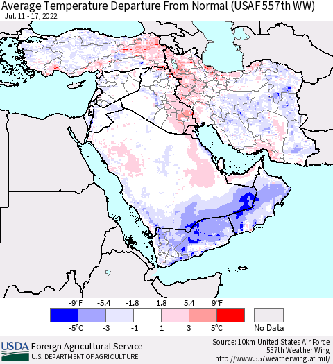 Middle East and Turkey Average Temperature Departure from Normal (USAF 557th WW) Thematic Map For 7/11/2022 - 7/17/2022