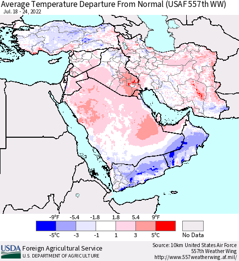 Middle East and Turkey Average Temperature Departure from Normal (USAF 557th WW) Thematic Map For 7/18/2022 - 7/24/2022
