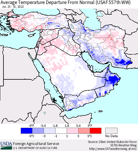 Middle East and Turkey Average Temperature Departure from Normal (USAF 557th WW) Thematic Map For 7/25/2022 - 7/31/2022