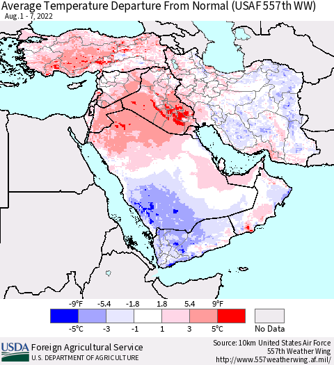 Middle East and Turkey Average Temperature Departure from Normal (USAF 557th WW) Thematic Map For 8/1/2022 - 8/7/2022