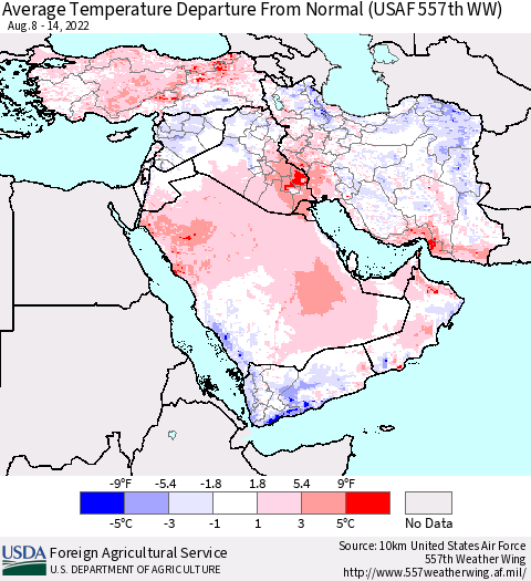 Middle East and Turkey Average Temperature Departure from Normal (USAF 557th WW) Thematic Map For 8/8/2022 - 8/14/2022