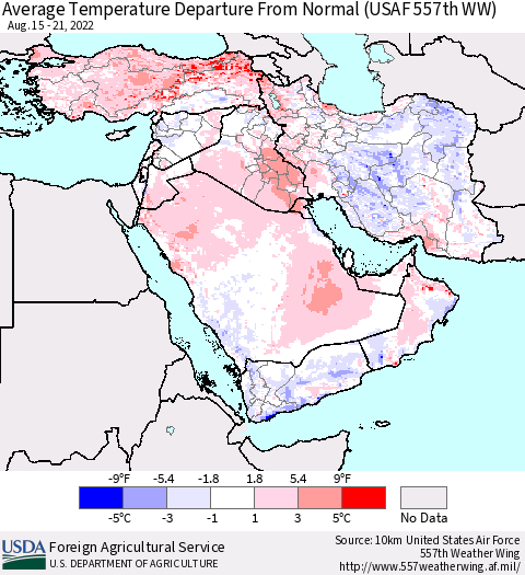 Middle East and Turkey Average Temperature Departure from Normal (USAF 557th WW) Thematic Map For 8/15/2022 - 8/21/2022