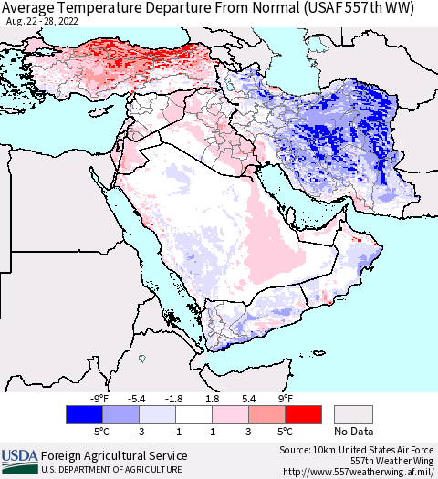 Middle East and Turkey Average Temperature Departure from Normal (USAF 557th WW) Thematic Map For 8/22/2022 - 8/28/2022