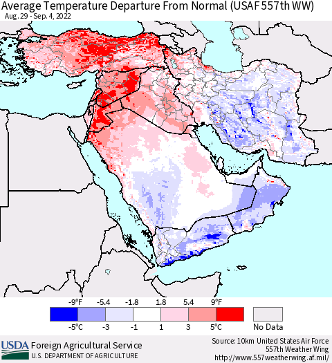 Middle East and Turkey Average Temperature Departure from Normal (USAF 557th WW) Thematic Map For 8/29/2022 - 9/4/2022