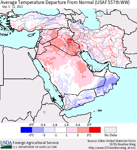 Middle East and Turkey Average Temperature Departure from Normal (USAF 557th WW) Thematic Map For 9/5/2022 - 9/11/2022