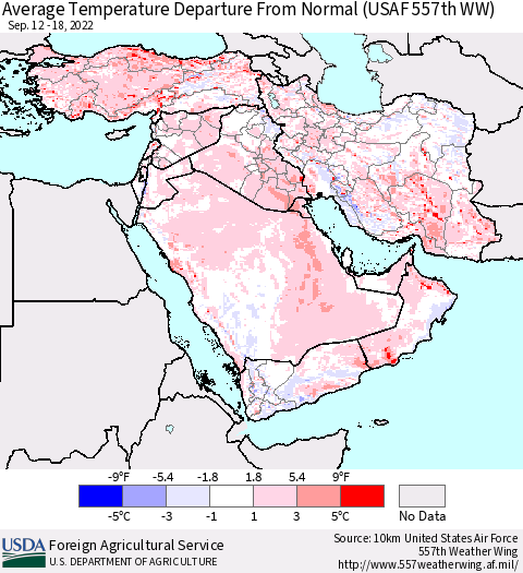 Middle East and Turkey Average Temperature Departure from Normal (USAF 557th WW) Thematic Map For 9/12/2022 - 9/18/2022