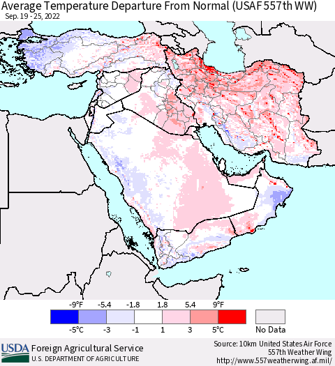 Middle East and Turkey Average Temperature Departure from Normal (USAF 557th WW) Thematic Map For 9/19/2022 - 9/25/2022