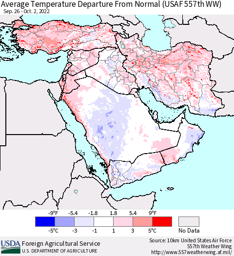 Middle East and Turkey Average Temperature Departure from Normal (USAF 557th WW) Thematic Map For 9/26/2022 - 10/2/2022