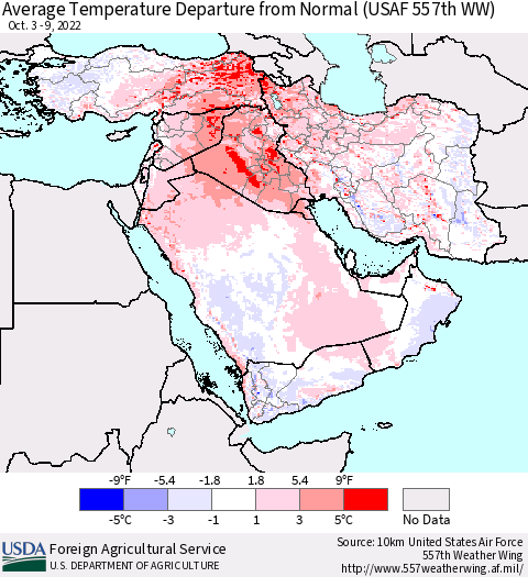Middle East and Turkey Average Temperature Departure from Normal (USAF 557th WW) Thematic Map For 10/3/2022 - 10/9/2022