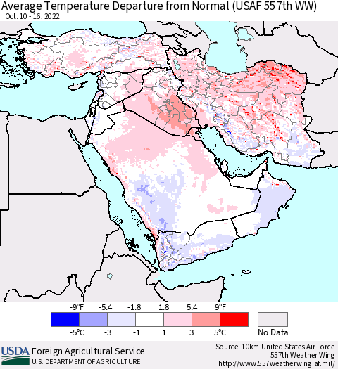 Middle East and Turkey Average Temperature Departure from Normal (USAF 557th WW) Thematic Map For 10/10/2022 - 10/16/2022